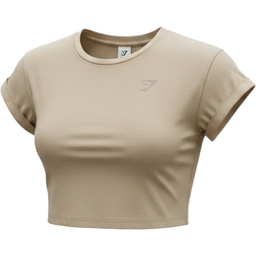 Gymshark Womens Training Cropped T-Shirt Beige Tan Logo B3A1B-GBCO-S-BW1 Small